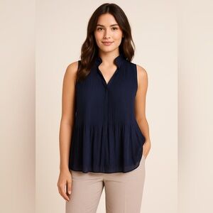 Derek Lam 10 Crosby Womens Blouse Sz 2 Navy Blue Metallic Fortuny Pleat Top